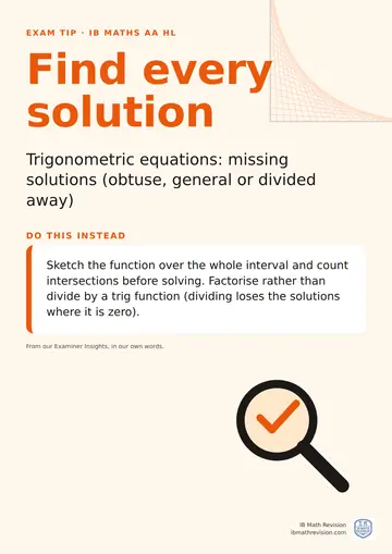 Exam technique poster for IB Maths AA HL: Find every solution. Sketch the function over the whole interval and count intersections before solving. Factorise rather than divide by a trig function (dividing loses the solutions where it is zero).