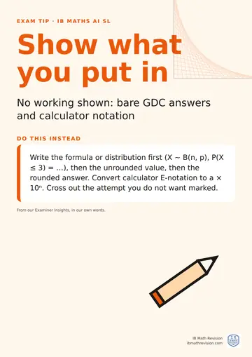 Exam technique poster for IB Maths AI SL: Show what you put in. Write the formula or distribution first (X ~ B(n, p), P(X ≤ 3) = …), then the unrounded value, then the rounded answer. Convert calculator E-notation to a × 10ⁿ. Cross out the attempt you do not want marked.