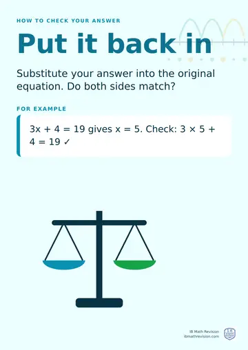 Classroom poster: how to check your answer, put it back in. Substitute your answer into the original equation. Do both sides match? 3x + 4 = 19 gives x = 5. Check: 3 × 5 + 4 = 19 ✓