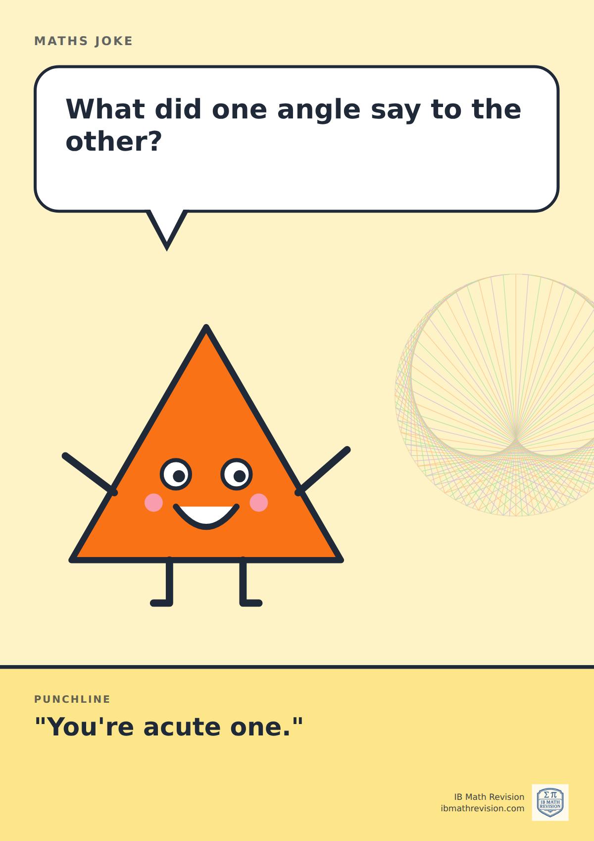 Cartoon maths joke poster. A smiling triangle asks: "What did one angle say to the other?" Punchline: "You're acute one."