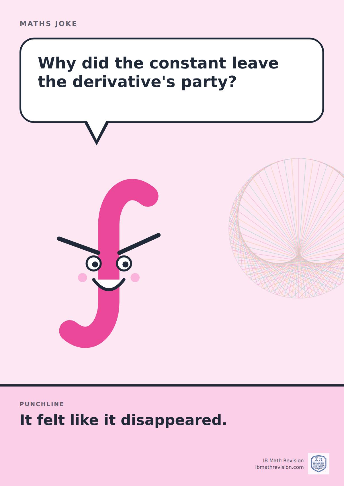 Cartoon maths joke poster. A smiling integral sign asks: "Why did the constant leave the derivative's party?" Punchline: "It felt like it disappeared."