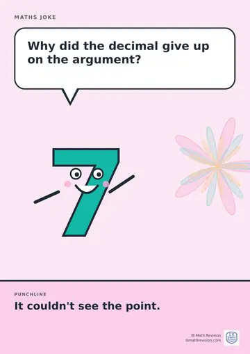 Cartoon maths joke poster. A smiling number 7 asks: "Why did the decimal give up on the argument?" Punchline: "It couldn't see the point."
