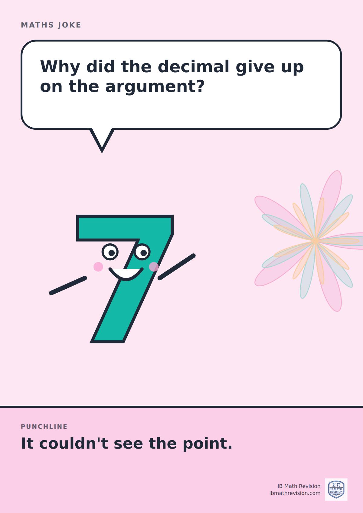 Cartoon maths joke poster. A smiling number 7 asks: "Why did the decimal give up on the argument?" Punchline: "It couldn't see the point."