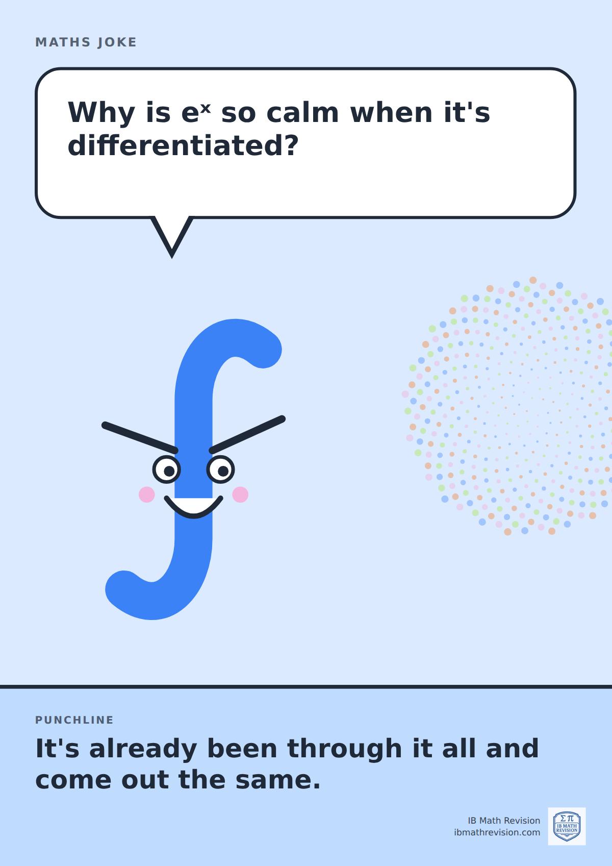 Cartoon maths joke poster. A smiling integral sign asks: "Why is eˣ so calm when it's differentiated?" Punchline: "It's already been through it all and come out the same."