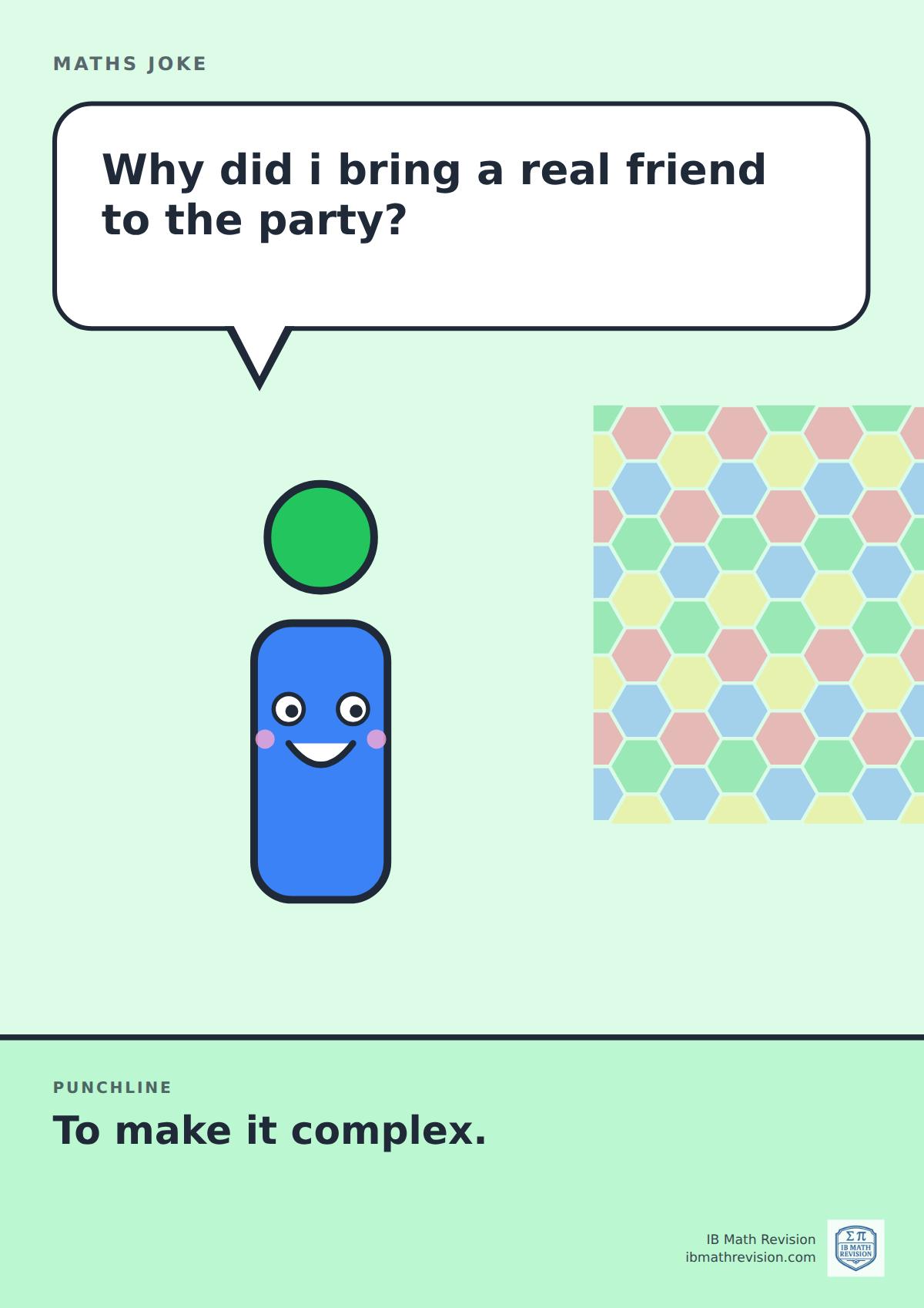 Cartoon maths joke poster. A smiling letter i asks: "Why did i bring a real friend to the party?" Punchline: "To make it complex."