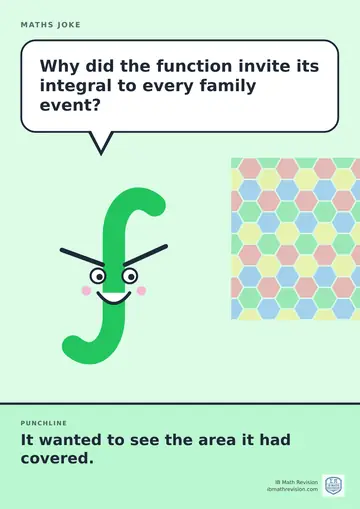 Cartoon maths joke poster. A smiling integral sign asks: "Why did the function invite its integral to every family event?" Punchline: "It wanted to see the area it had covered."