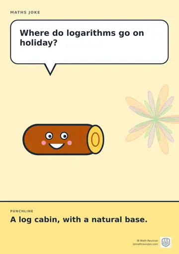 Cartoon maths joke poster. A smiling log asks: "Where do logarithms go on holiday?" Punchline: "A log cabin, with a natural base."