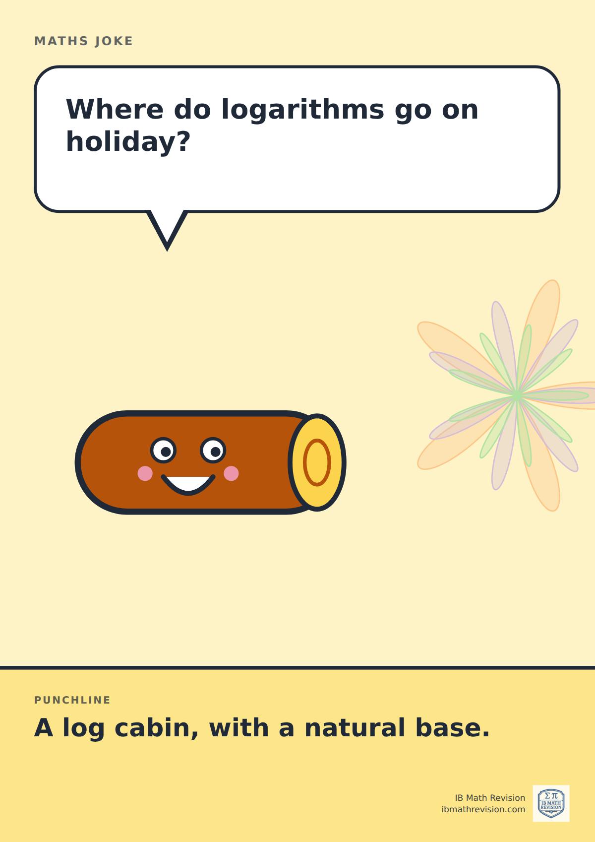 Cartoon maths joke poster. A smiling log asks: "Where do logarithms go on holiday?" Punchline: "A log cabin, with a natural base."
