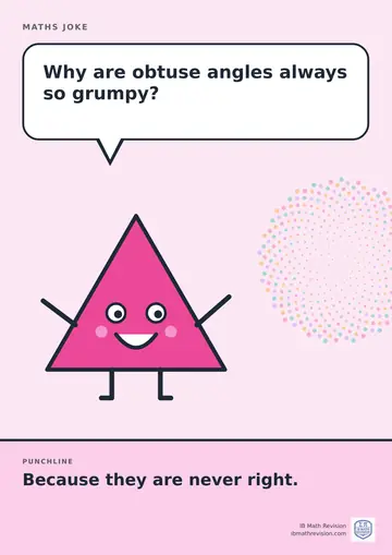 Cartoon maths joke poster. A smiling triangle asks: "Why are obtuse angles always so grumpy?" Punchline: "Because they are never right."