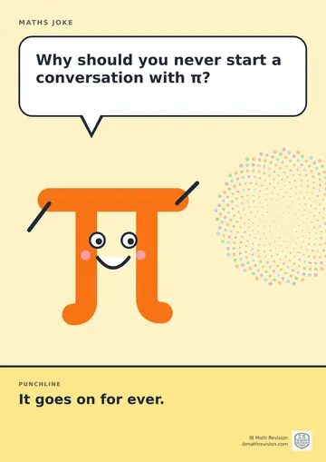 Cartoon maths joke poster. A smiling π symbol asks: "Why should you never start a conversation with π?" Punchline: "It goes on for ever."