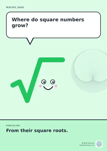 Cartoon maths joke poster. A smiling square-root sign asks: "Where do square numbers grow?" Punchline: "From their square roots."