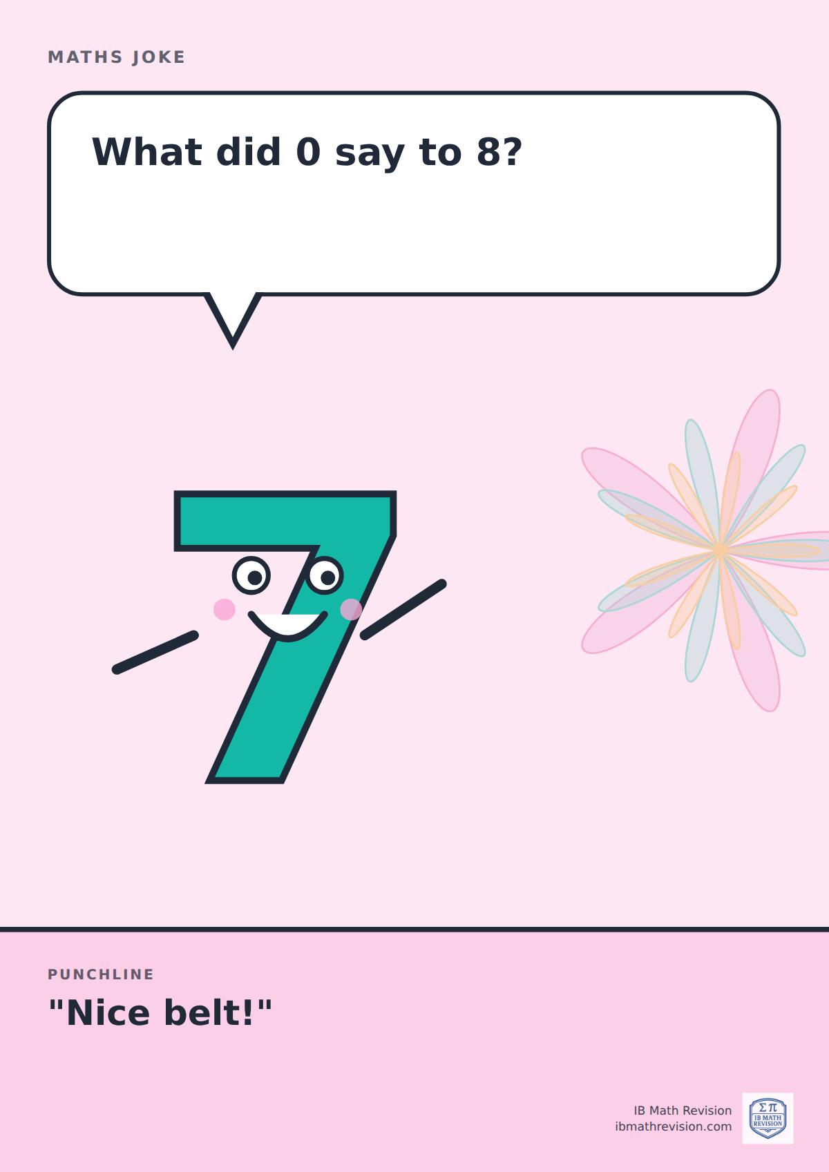 Cartoon maths joke poster. A smiling number 7 asks: "What did 0 say to 8?" Punchline: "Nice belt!"